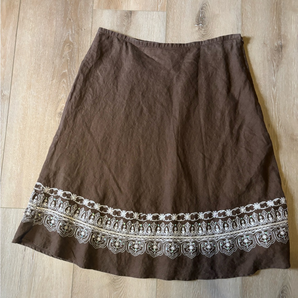 Rafaela Boho 100 percent Linen 1990 sz 16 brown embroidered and beaded  skirt